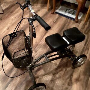 Foldable knee scooter with brakes and basket